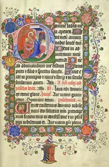 Matins of the Virgin, beginning with initial D, the Annunciation. The Virgin kneeling, the angel holding a scroll. Psalm 94, with initial V, two priests. Decorated borders scrolled leaf design