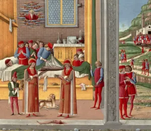 Prints of XCF137088 Medieval amputation scene (tempera on panel) by Italian School, (15th century); Private Collection Images Dated 2007 November: Medieval amputation scene (tempera on panel)