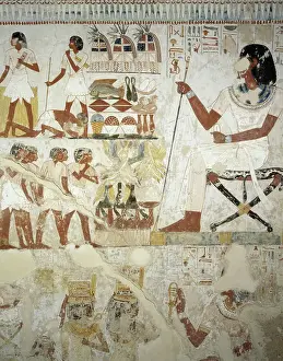 Menna overseeing his workers in fields, detail from frescoes in vestibule of Tomb of Menna, Sheikh Abd el Qurnah Necropolis, Luxor, Thebes (Unesco World Heritage List, 1979), Egypt, Egyptian civilization, New Kingdom, Dynasty XVIII