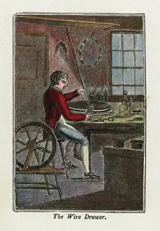 Apprenticeship Prints: A metal worker using a wire-drawing machine to make thin wire