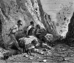 1879 Prints: Miners using dynamite for blasting. Wood engraving, Paris, 1879