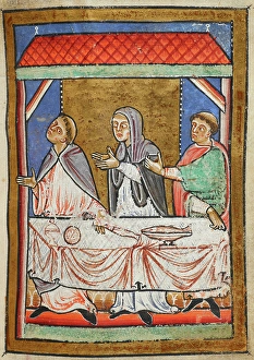 Saint By Name Prints: Miniature of Cuthbert at a dining table