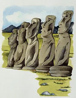 Moai Prints: Moai, Monolithic statue on Easter Island, Chile, Drawing