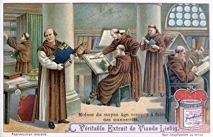 Manuscripts Prints: Monks at work on manuscripts in a scriptorium. Liebig trade card c1900. Chromolithograph