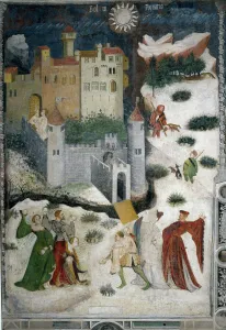 Month of January: snowy landscape with aristocrats and hunters. c.1535 (fresco) Month of January: snowy landscape with aristocrats and hunters. c.1535 (fresco)