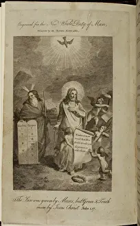 Decalogue Prints: Moses holding the tablets of stone containing the Ten Commandments