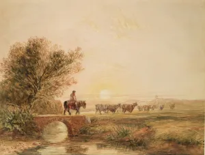 A Mounted Drover with Cattle Crossing a Bridge at Sunset (pencil & w/c on paper) A Mounted Drover with Cattle Crossing a Bridge at Sunset (pencil & w/c on paper)