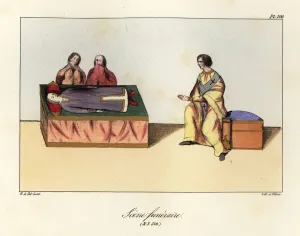 Two mourners praying over a dead body on a bier with a priest, funeral scene, 9th century (engraving) Two mourners praying over a dead body on a bier with a priest, funeral scene, 9th century (engraving)