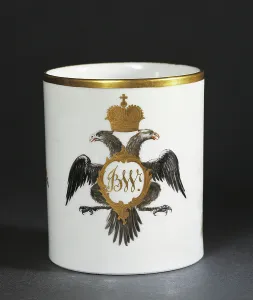 Mug decorated with a two-headed eagle and initials, 1785, ceramic, Nove manufacture, Bassano, Veneto. Italy, 18th century