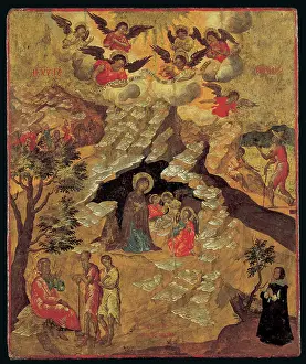 Prints of BNK258175 The Nativity, 1658 (egg tempera on panel) by Moskos, Ilias (1649-87); 66x55 cm; Benaki Museum, Athens, Greece; © Benaki Museum ; Gift of Helen Stathatos Images Dated 2006 July: The Nativity, 1658 (egg tempera on panel)