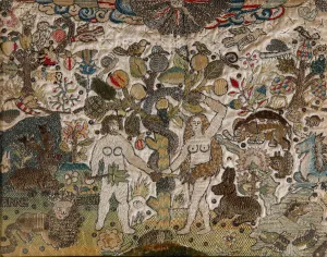 A needlework picture depicting Adam and Eve, 17th century (needlework) A needlework picture depicting Adam and Eve, 17th century (needlework)