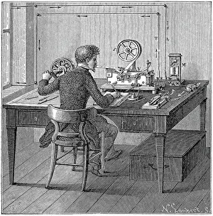 Crate Prints: Operator receiving a message in Morse code on printing telegraph