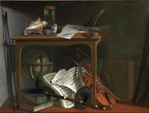 Fireplaces Prints: One of a pair of Devants de Cheminee: Naturalist Manual and Objects Resting on a Table