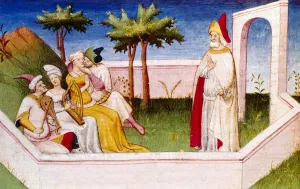 Paradise Garden, illustration from The Travels of Marco Polo, by Rustichello da Pisa (tempera on vellum) Paradise Garden, illustration from The Travels of Marco Polo, by Rustichello da Pisa (tempera on vellum)