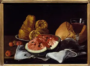 Watermelon Prints: Pasteque, bread, cake and wine cup. Painting by Luis Melendez (1716 - 1780)