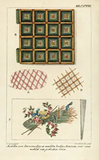 Cornelis Borsteegh Prints: Patterns for letters and needle booklets, and a work bag in embroidered lace