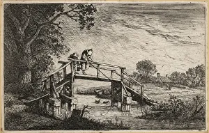 Peasant with fishing rod on a wooden bridge over a stream., 1803 (engraving) Peasant with fishing rod on a wooden bridge over a stream., 1803 (engraving)