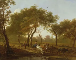 Two peasants with a herd of cattle on a wooded path leading to a lake, 17th century Two peasants with a herd of cattle on a wooded path leading to a lake, 17th century
