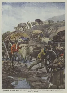 The picturesque convoys of primitive wagons pulled by oxen and led by militarized peasants ... (colour litho) The picturesque convoys of primitive wagons pulled by oxen and led by militarized peasants ... (colour litho)