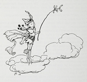 Elves Prints: A pixie on a cloud carrying a twig of mistletoe