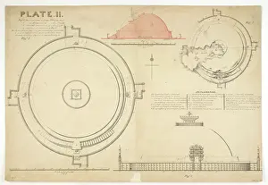 Plans Prints: Plan, elevation and section of the great stupa of Sanchi with notes