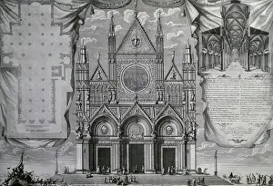 Architects Drawing Prints: Plan, facade and section of Siena Cathedral, 1719, engraving, Italy, 18th century