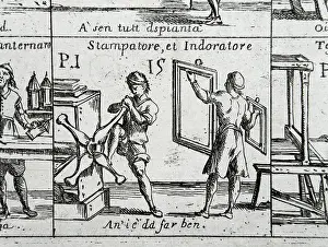 Printer and Frame gilder, 1698, illustration by Giuseppe Maria Mitelli (1634-1718) from Il Gioco dei Mestieri (The Game of Trades), engraving, Italy, 17th century