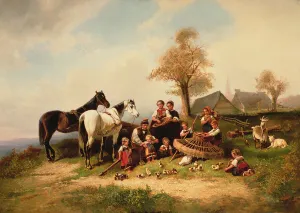 Putting the hen and her chickens in their coop, 19th century Putting the hen and her chickens in their coop, 19th century