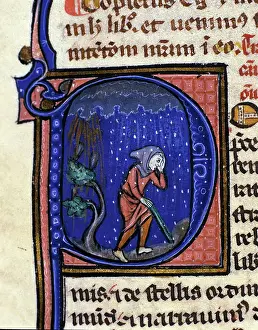 Representation of grele phenomene. Miniature taken from De Agricoltura by the Greek philosopher Aristotle (384-322 BC). 14th century