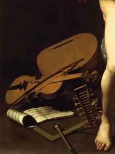 Representation of musical instruments, detail of Amor Victorious, c. 1602 (oil on canvas)