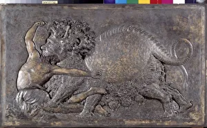Human Person Prints: Representation of a Tarasque beating a man, 1883 (painted plaster sculpture)