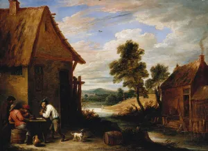 A River Landscape with Peasants Outside a Tavern (oil on panel) A River Landscape with Peasants Outside a Tavern (oil on panel)