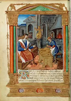 Sculpture: a master controls the work of his apprentice, sculpting an eagle