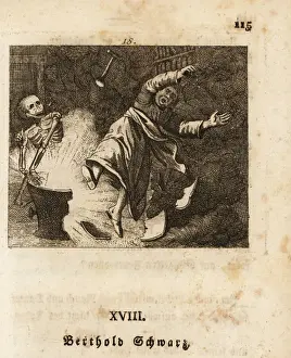 Human Person Prints: The skeleton of Death kills an alchemist with an explosion. 1803 (engraving)