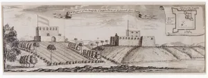 South-west Prospect of the English and Dutch Forts at Sakkundi, c.1744 (engraving) South-west Prospect of the English and Dutch Forts at Sakkundi, c.1744 (engraving)