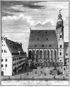 St. Thomas Church and School in Leipzig, 1723 (engraving) (b/w photo) St. Thomas Church and School in Leipzig, 1723 (engraving) (b/w photo)