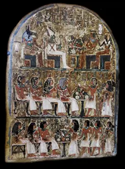 Stele Prints: Stele Irynefer: Top level:The gods Anubis and Osiris enthroned facing Ahmose Nefertari and Amenhotep first deified