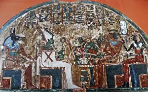 Stele Prints: Stele Irynefer: Top level:The gods Anubis and Osiris enthroned facing Ahmose Nefertari and Amenhotep first deified