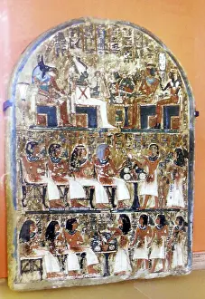 Stele Prints: Stele Irynefer: Top level:The gods Anubis and Osiris enthroned facing Ahmose Nefertari and Amenhotep first deified