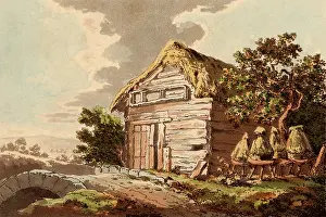 Barn Prints: Straw bee skeps by a rustic barn