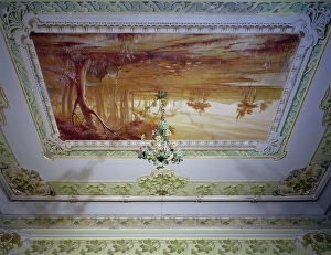 Stucco decoration and Romagna landscape, by Giuseppe Brega (1877-1929), ceiling of Room of Sunflowers, Ruggeri Vilino, Pesaro, Marche, Detail, Italy, 20th century