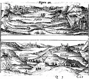 Mathematical Prints: Surveying: Top: measuring angles using a quadrant
