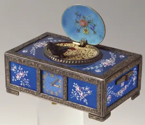 Instruments Of Measurement Prints: Table clock in silver enameled box, circa 1920, Switzerland, 20th century