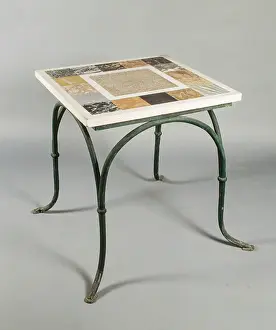 Polychrome Prints: Table with white marble top decorated with polychrome, iron legs, 19th century