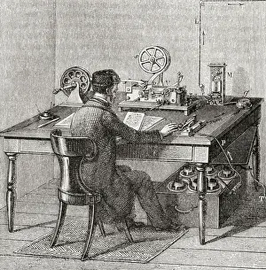 Office Buildings Prints: Telegraph office worker forwarding a message in Morse Code