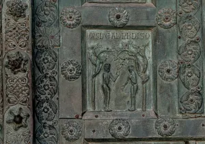 Tile depicting 'Adam and Eve in the garden of Eden' (scene of the Old Testament), 1185-86 (bronze) Tile depicting 'Adam and Eve in the garden of Eden' (scene of the Old Testament), 1185-86 (bronze)