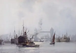 London: Thames And Canal Scene Prints: Tower Bridge from the Lower Pool, c.1925 (w/c on paper)
