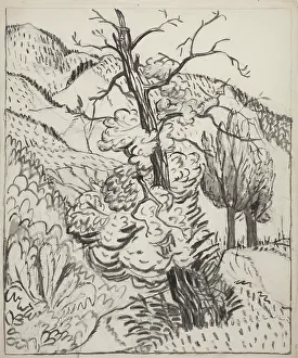 Brush Prints: Tree on Mountainside, c.1930 (brush, ink & charcoal on off-white wove paper)