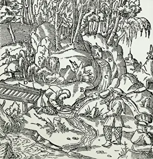1556 Prints: Typical method of alluvial lead mining. From Agricola De re metallica, Basel, 1556