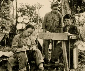 Buttons Prints: U. S. troops learn cryptography, Tarawa, Papua New Guinea, June 1943 (sepia photo)